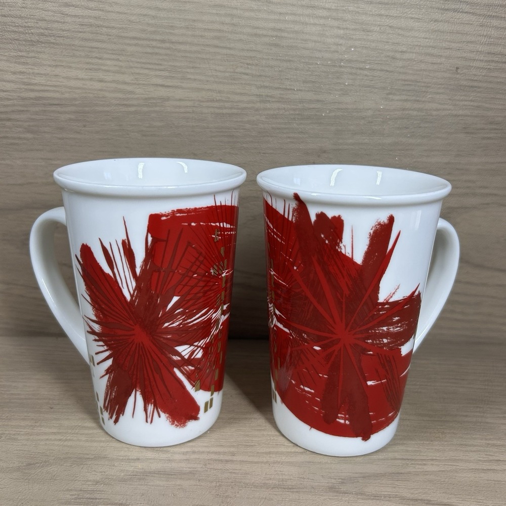 2 Starbucks Red Starburst Holiday Mugs 2014 Christmas 12 oz. Set